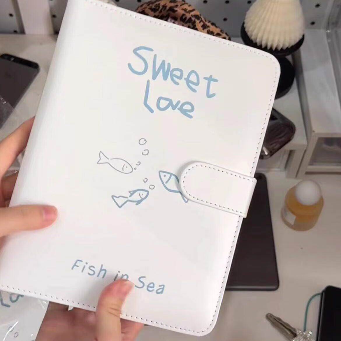Susu Minimalist A5 Faux Leather Binder - Cute "Sweet Love" Fish Planner Cover for Bullet Journaling